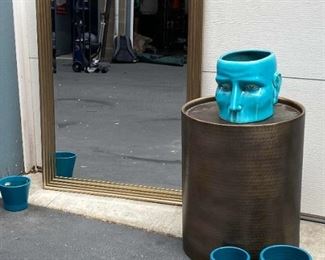 Brass Colored Mirror Table And Blue Plant Pots