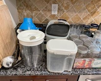 Tupperware and canning jars.
