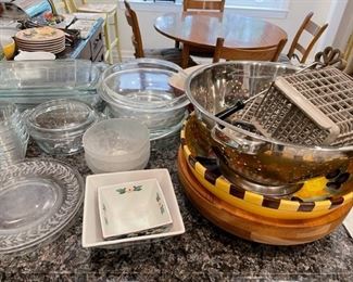 Glass plates and serving bowls.