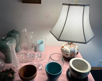 Lamp and assorted vases.