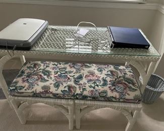 White wicker bedroom suite - bed, vanity table/chair, settee, bench, mirror, small cabinet.