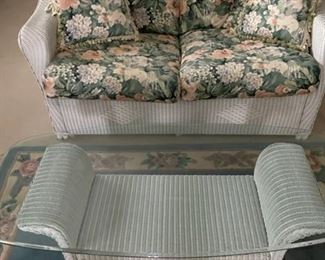 White wicker bedroom suite - bed, vanity table/chair, settee, bench, mirror, small cabinet.