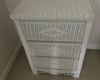 White wicker bedroom suite - bed, vanity table/chair, settee, bench, mirror, small cabinet.