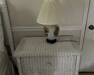 White wicker bedroom suite - bed, vanity table/chair, settee, bench, mirror, small cabinet.