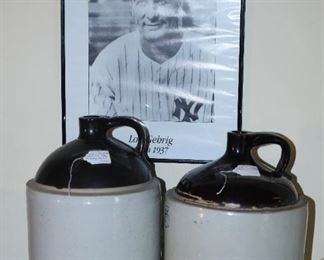 Two Antique 5 Gallon Primative Whiskey Jugs.              
Lots of Baseball memorabilia