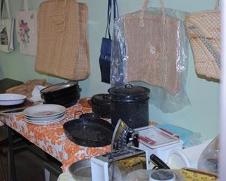 Granite ware and many Vintage purses and carrying bags.