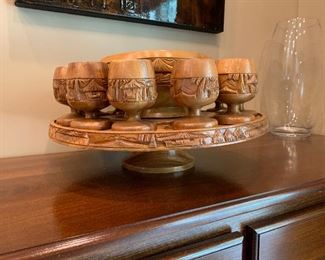 	#84	wood carved cup and bowl set 	 $75.00 		