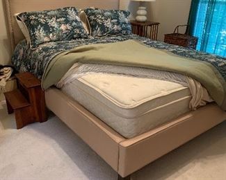 	#26	Queen bed with upholstered headboard, footboard  and sides with pillowtop mattress and bedding	 $200.00 		