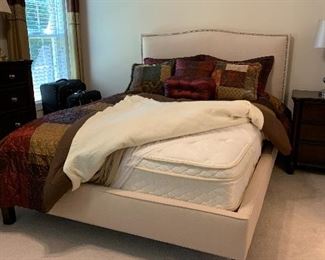 	#28	Queen bed with upholstered headboard, footboard  and sides with pillowtop mattress and bedding	 $200.00 		