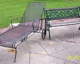 Metal  chaise lounge chair, cast iron and wood garden bench