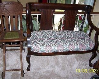 Antique rolling high chair, settee