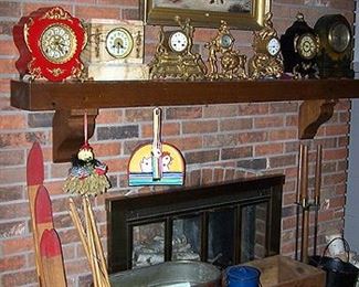 Mantle clocks, copper boiler, old child's skis, etc...