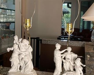 2 Capodimonte White Bisque Porcelain Figural Lamps
