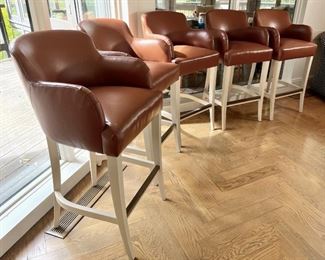 Set of 5 Brown Leather Bar Stools