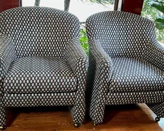 Pair of Jessica Charles Upholstered Arm Chairs on Casters
