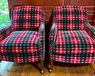 Pair of Red and Black Plaid Arm Chairs on Casters