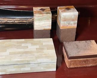 Cow Hide & Mother of Pearl Trinket Boxes & Onyx Book Ends