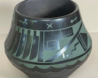 Martha Appleleaf San Ildefonso Green on Black Pottery Jar