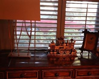 Train Christmas table ornament, very early wooden frame