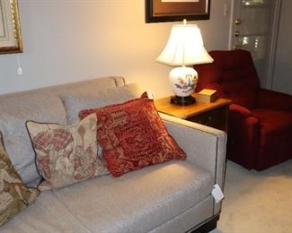 Red cloth recliner w/apartment size sofa