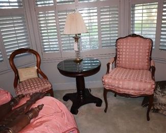 French chair, black pedestal table