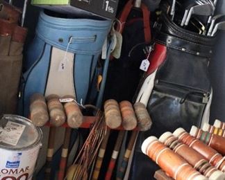 Golf bags, crocket sets, garage