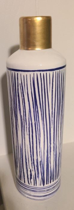Decor vase w/gold tip ~ white w/blue stripes
