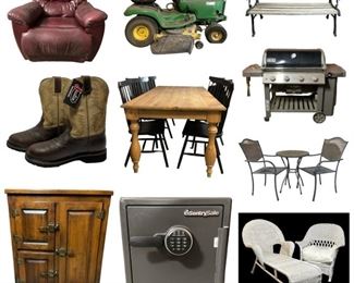 Riding mower, farmhouse dining table, outdoor furniture, grill, bench, tools, glassware, etc. 