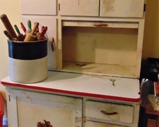 Hoosier cabinet with sifter and crock with rolling pins (sold separately)