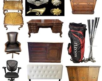 Furniture, Dryer, CB radio, desk, golf clubs, jewelry, coins, pipe, headboard, hooker furniture, mid-century, nesting tables, artwork, watches, etc. 