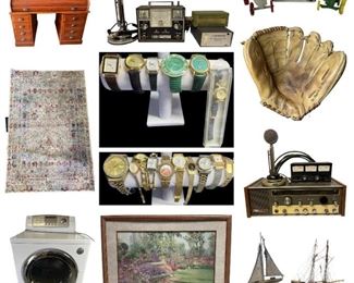 Furniture, Dryer, CB radio, desk, golf clubs, jewelry, coins, pipe, headboard, hooker furniture, mid-century, nesting tables, artwork, watches, etc. 