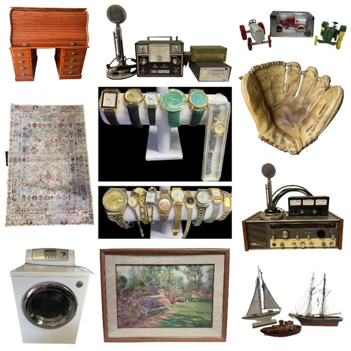 Furniture, Dryer, CB radio, desk, golf clubs, jewelry, coins, pipe, headboard, hooker furniture, mid-century, nesting tables, artwork, watches, etc. 