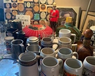German steins, old frames, vintage artwork, decanters