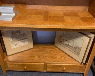 Comsole table, hutch, vintage stitched artwork