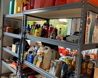 Lots of various household chemicals and cleaners and car cleaners, waxes, engine oil