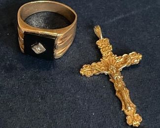 Vintage gold mens pinky ring and gold Crucifix