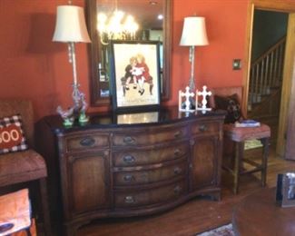 Pretty sideboard with black marble top; Pair of buffet lamps; Two barstools from a set of six