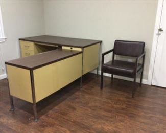 L shaped office desk; office chair