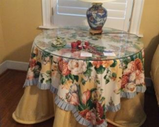 Custom tablecloth and square topper for bedside table