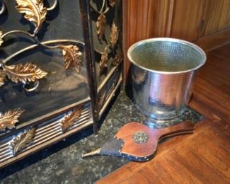 Antique bellows and silver bucket perfect for kindling or a potted plant