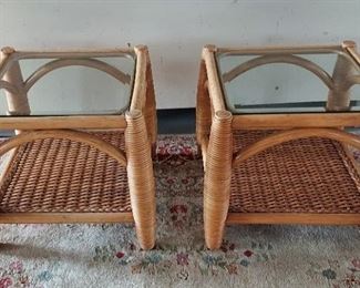 VINTAGE WOOD AND WICKER GLASS TOP TABLES