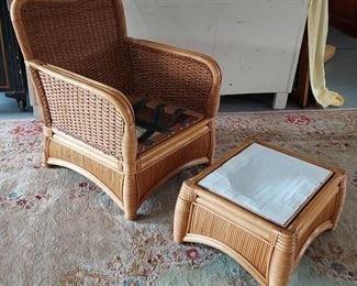 WOOD AND WICKER CHAIR & OTTOMAN