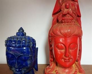 CARVED BUSTS INCLUDING LAPIS LAZULI BUDDHA HEAD / BUST