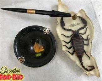 Vintage, Real Scorpion and Piranha Head Ashtray and Pen, Embedded in Lucite
