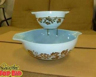 Vintage Pyrex Delphite Blue Golden Grape Cinderella Bowls Holiday Chip and Dip Serving Bowls