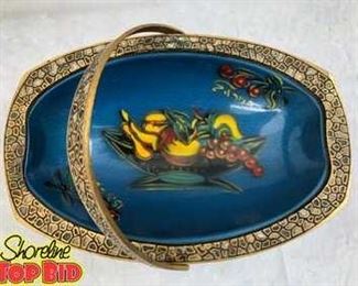 Stunning Vintage Metal Enamel Basket, Made in Israel The handle and the edge have inlaid enamel