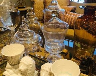 Lion bookends and glass jars