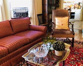 3-seat upholstered sofa and tray table