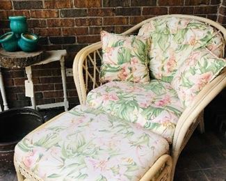 Rattan upholstered chair with ottoman