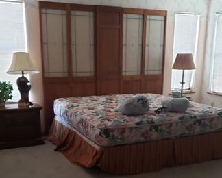 Frosted Glass and Wood Screen Headboard, no brand name king size mattress/box springs, bedside table, lamps
